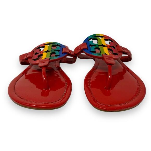 Tory Burch Patent Leather Bright Rainbow Ruby Red Miller Thong Sandal 9 Women’s - Picture 4 of 12